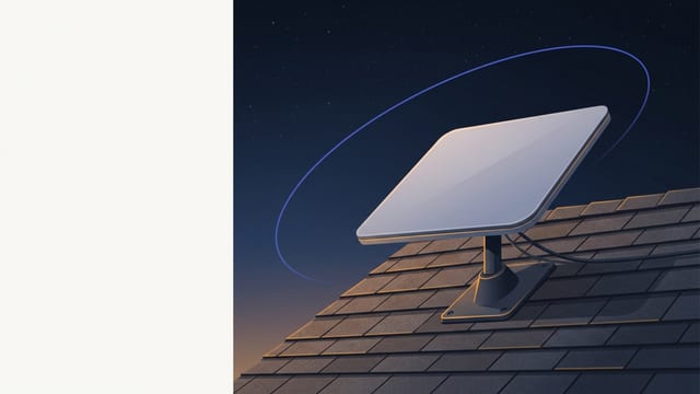 Illustration of a flat residential satellite antenna on a rural roof at dusk, with an open night sky and a thin indigo orbit arc.