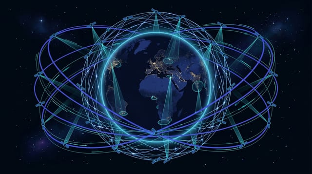 Starlink global orbital constellation telemetry mesh with optical space lasers wrapping Earth